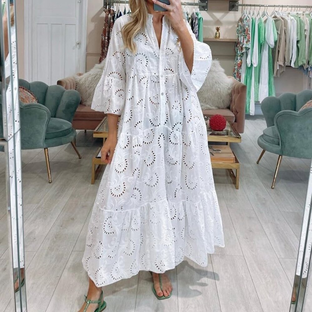 Women's Lace Maxi Dress Cotton Eyelet V Neck Tiered Swing Hem Casual Wear - Picture 2 of 5
